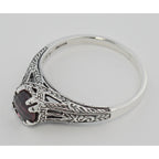 Back view of Antique Style Red Garnet Filigree Solitaire Ring showing 925 sterling silver hallmark