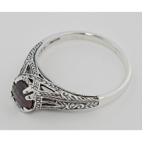 Back view of Antique Style Red Garnet Filigree Solitaire Ring showing 925 sterling silver hallmark