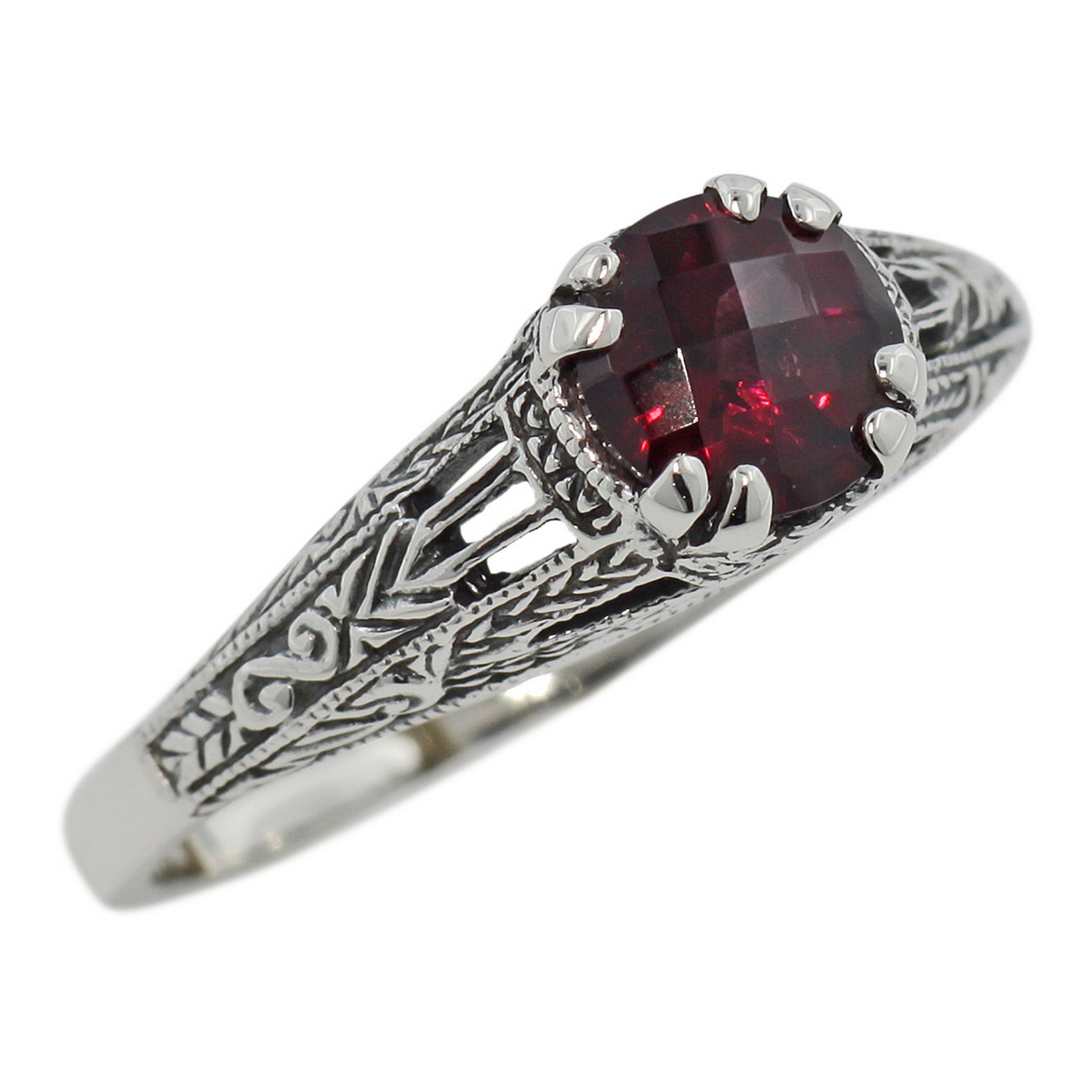 Antique style, Garnet, sterling silver rings, front view