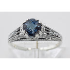 Detail view of Antique Style London Blue Topaz Filigree Ring Sterling Silver highlighting Blue Topaz, London Blue Topaz
