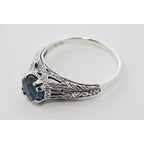 Back view of Antique Style London Blue Topaz Filigree Ring Sterling Silver showing 925 sterling silver hallmark