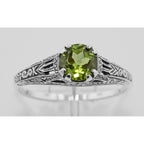 Detail view of Antique Style Green Peridot Filigree Solitaire Ring highlighting Peridot