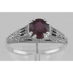 Detail view of Antique Style Lab Red Ruby Filigree Solitaire Ring highlighting Ruby
