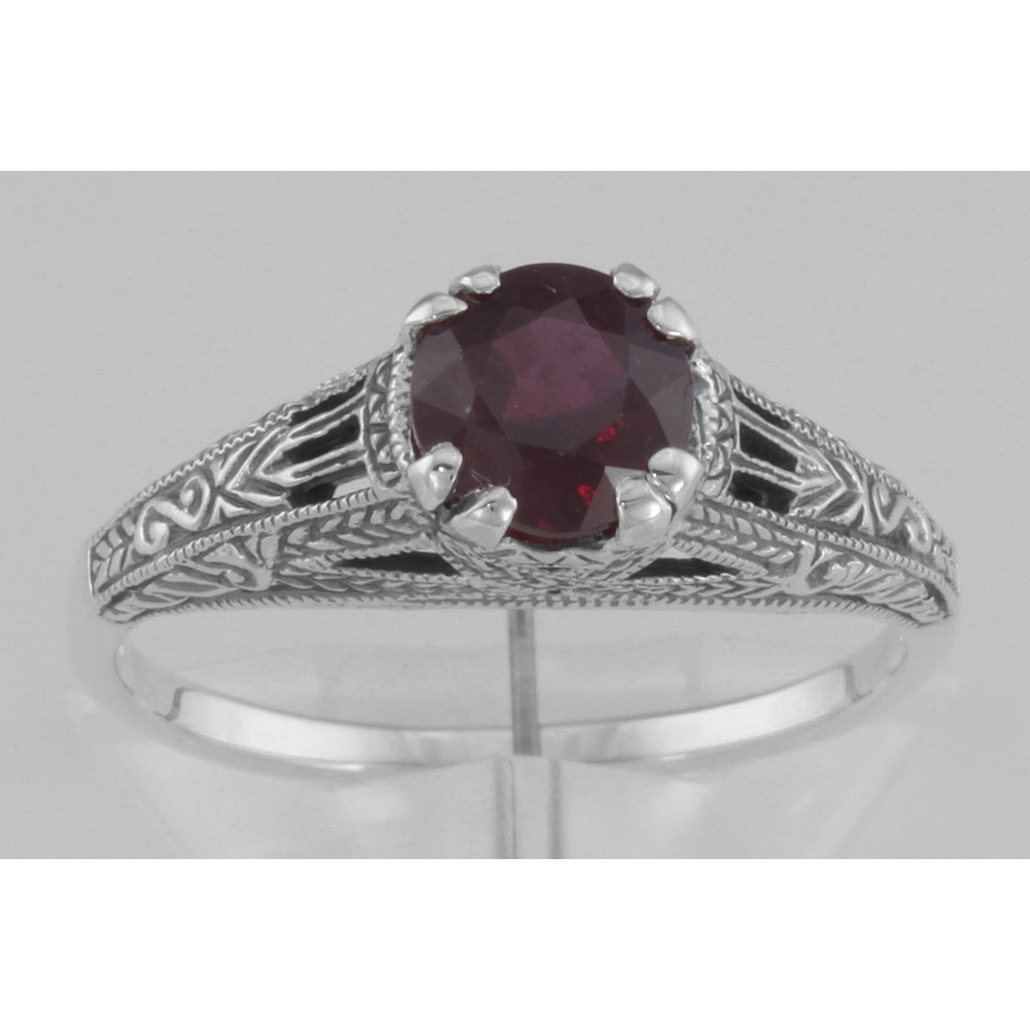 Detail view of Antique Style Lab Red Ruby Filigree Solitaire Ring highlighting Ruby