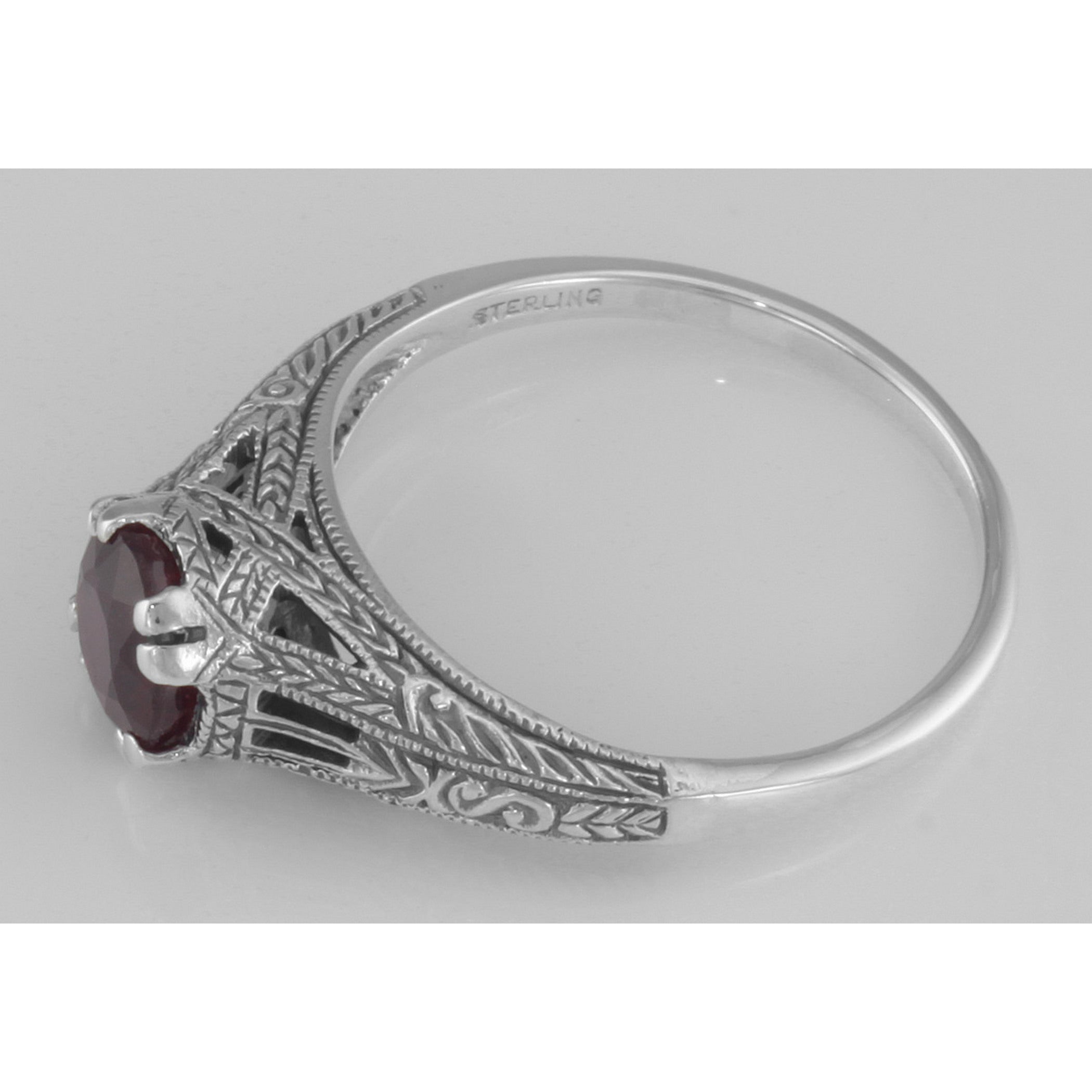Back view of Antique Style Lab Red Ruby Filigree Solitaire Ring showing 925 sterling silver hallmark