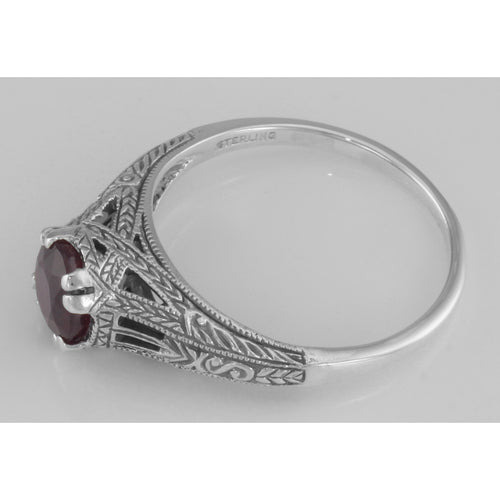 Back view of Antique Style Lab Red Ruby Filigree Solitaire Ring showing 925 sterling silver hallmark