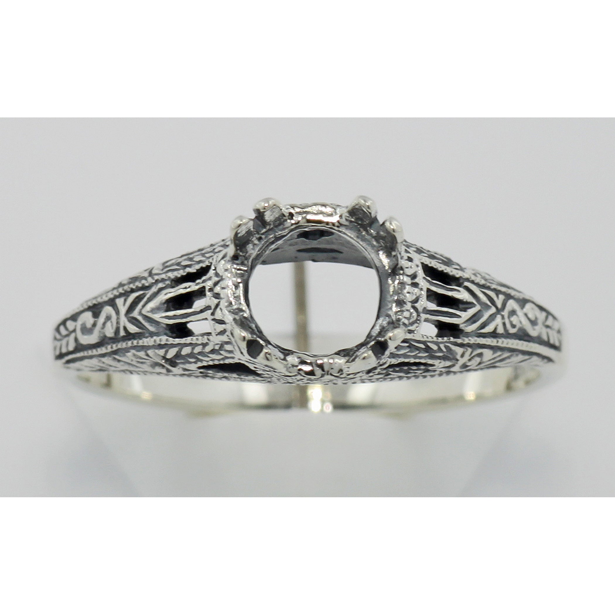 Back view of Semi Mount 6mm Antique Style Solitaire Filigree Ring Sterling Silver showing 925 sterling silver hallmark