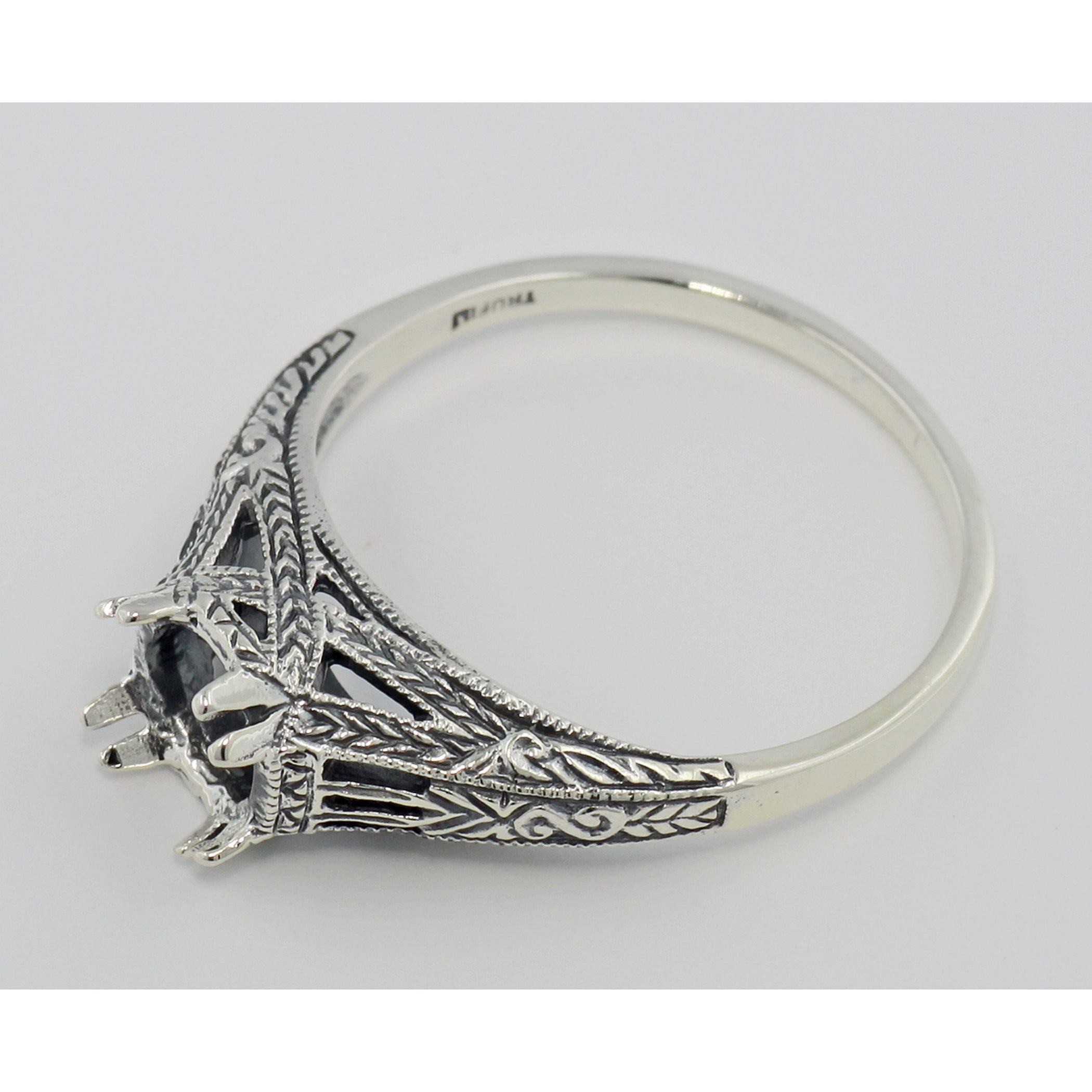 Detail view of Semi Mount 6mm Antique Style Solitaire Filigree Ring Sterling Silver highlighting design details