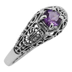 Filigree, Amethyst, sterling silver rings, front view