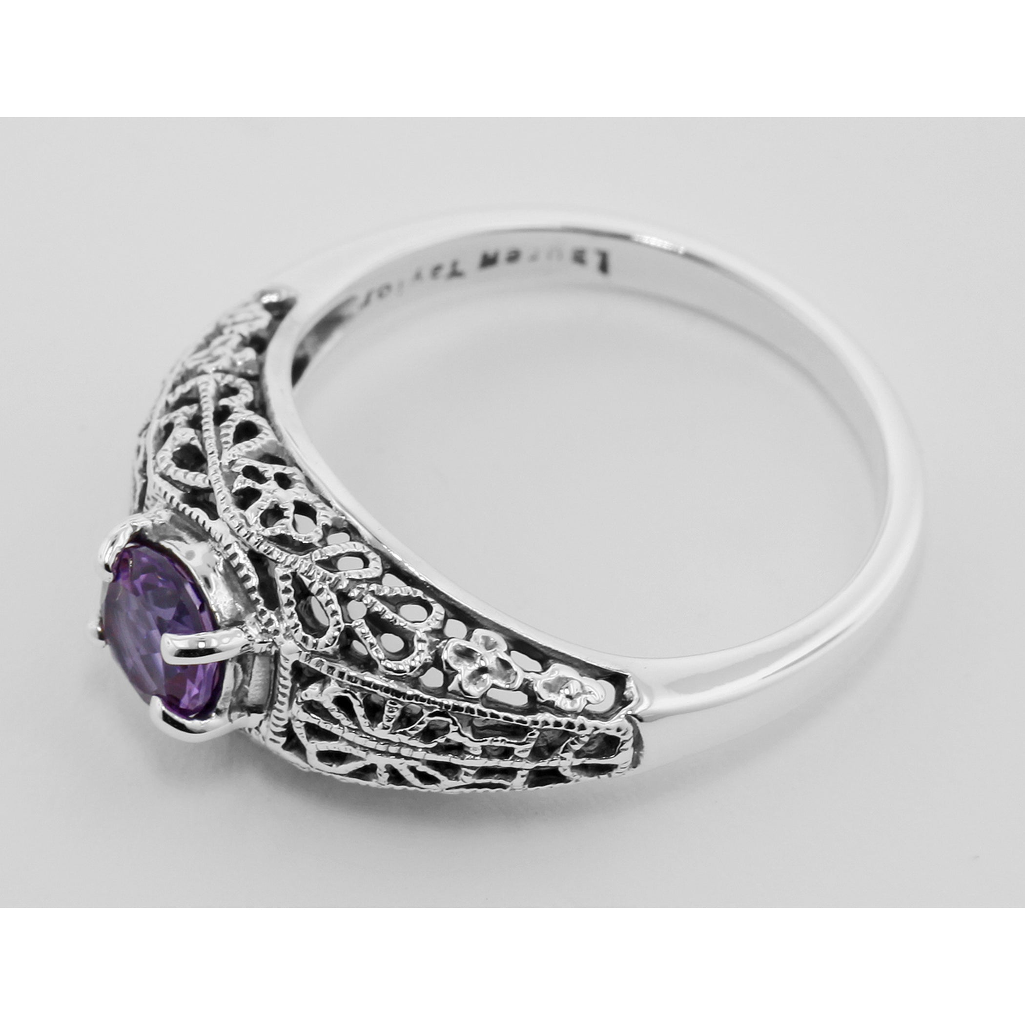 Detail view of Amethyst Filigree Ring highlighting Amethyst