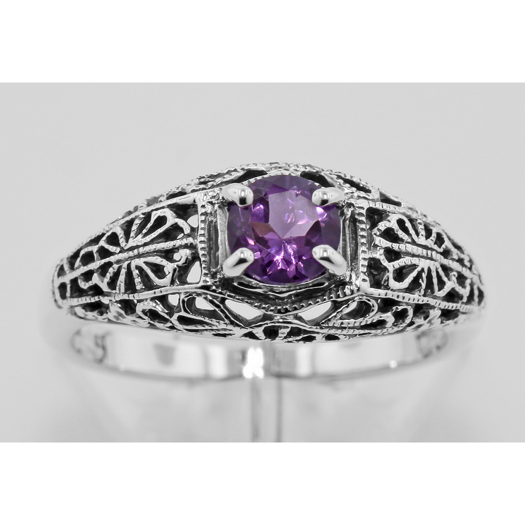 Back view of Amethyst Filigree Ring showing 925 sterling silver hallmark