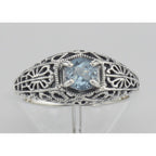 Detail view of Blue Topaz Fine Filigree Ring - Art Deco Style highlighting Blue Topaz