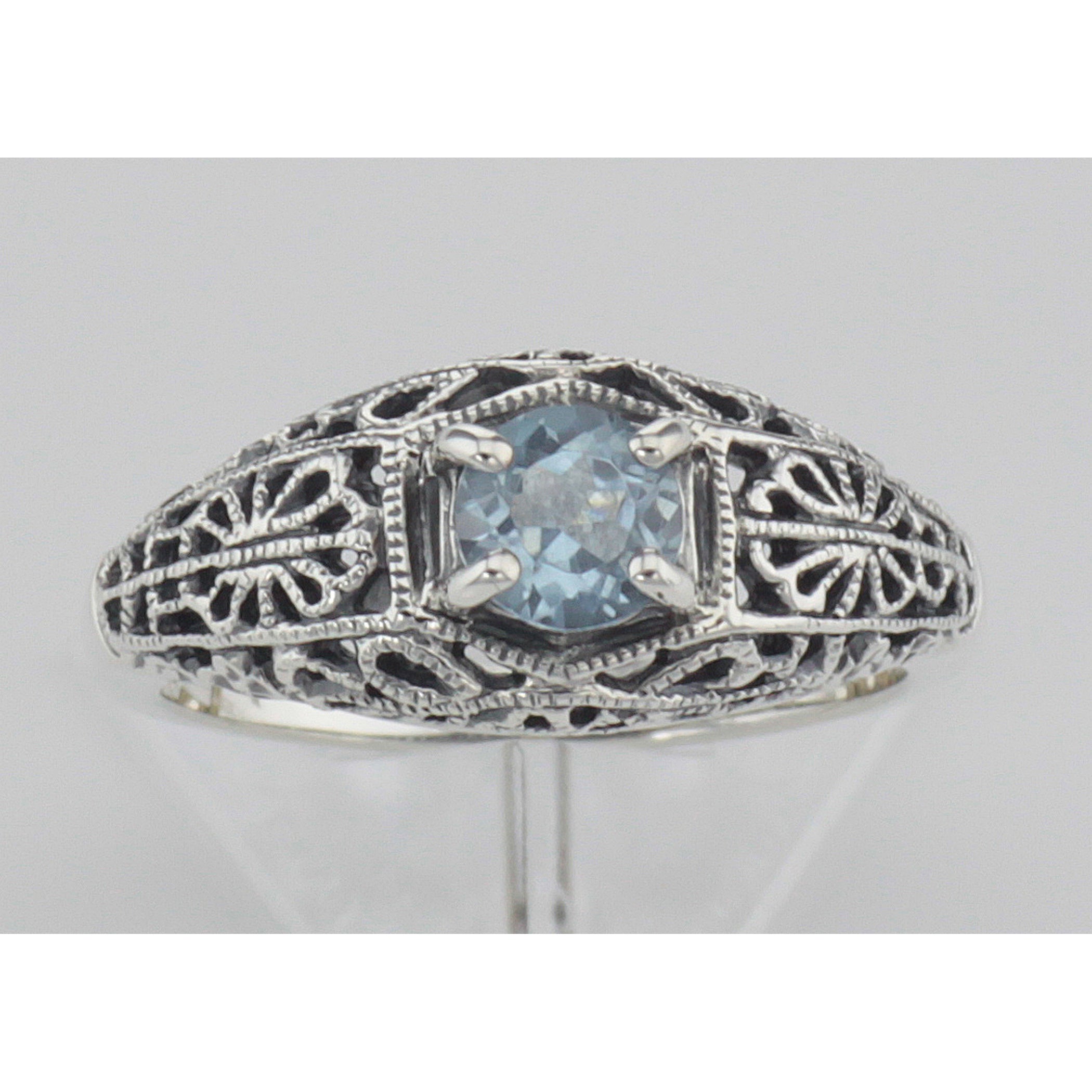 Detail view of Blue Topaz Fine Filigree Ring - Art Deco Style highlighting Blue Topaz