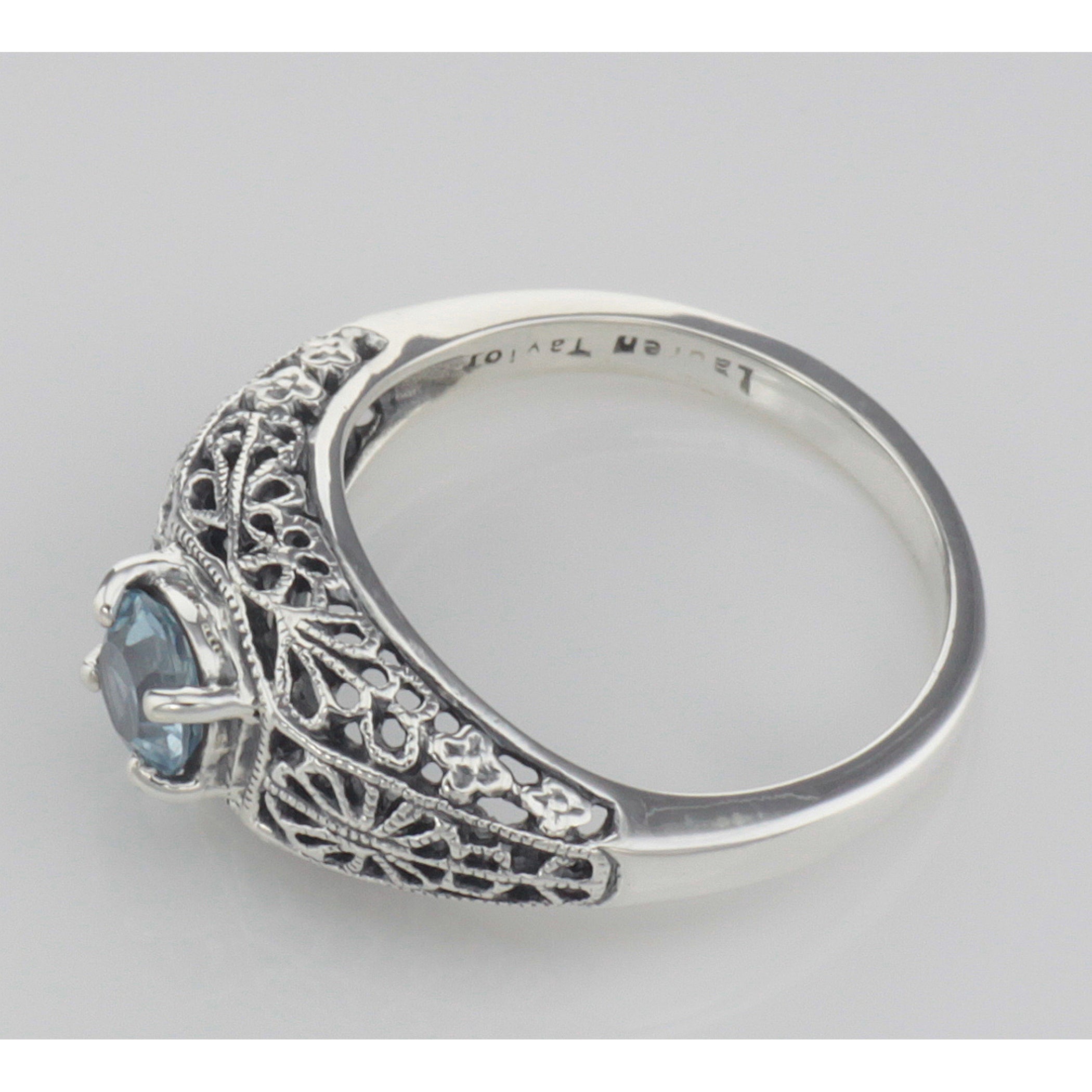 Back view of Blue Topaz Fine Filigree Ring - Art Deco Style showing 925 sterling silver hallmark