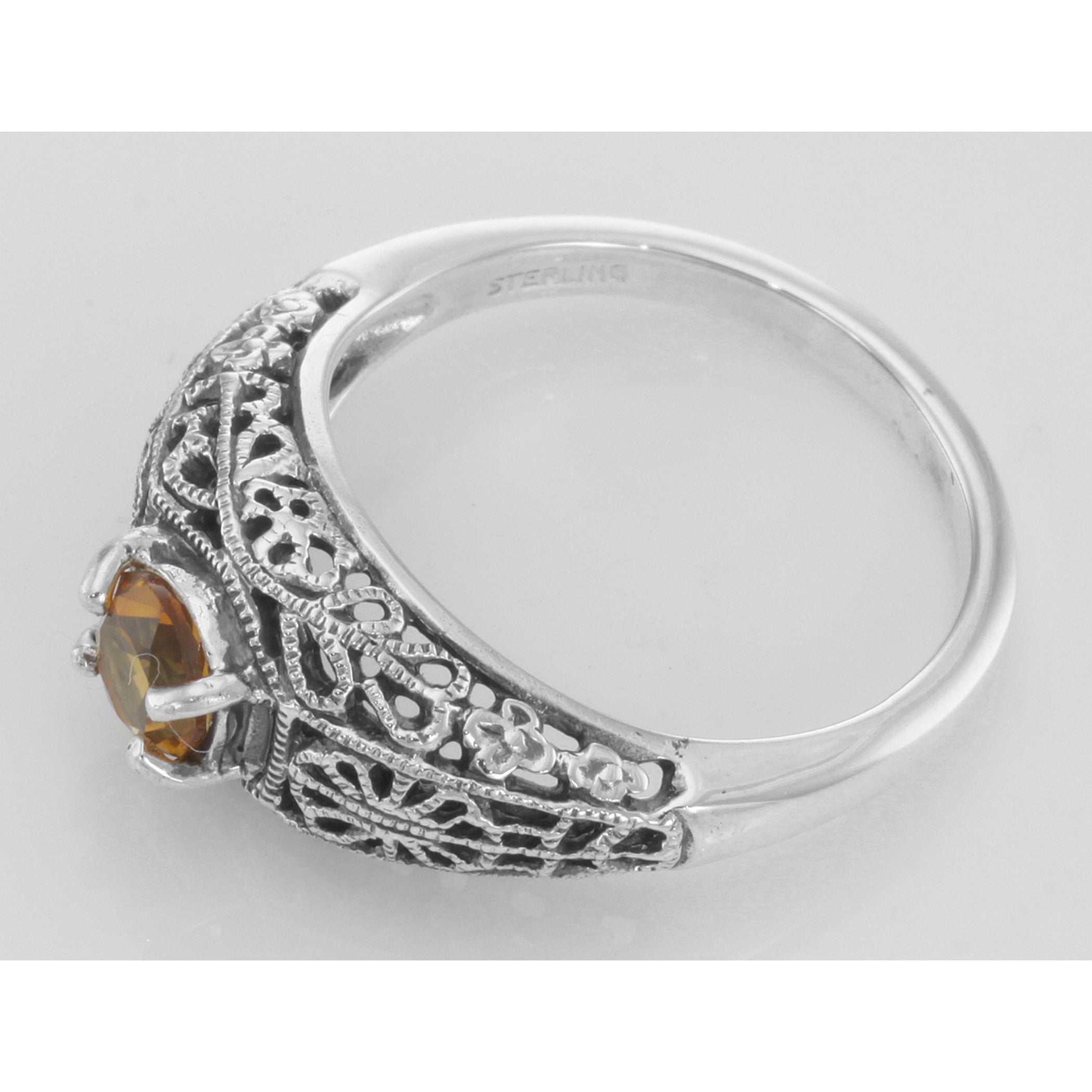Back view of Natural Golden Citrine Filigree Ring - Art Deco Style showing 925 sterling silver hallmark