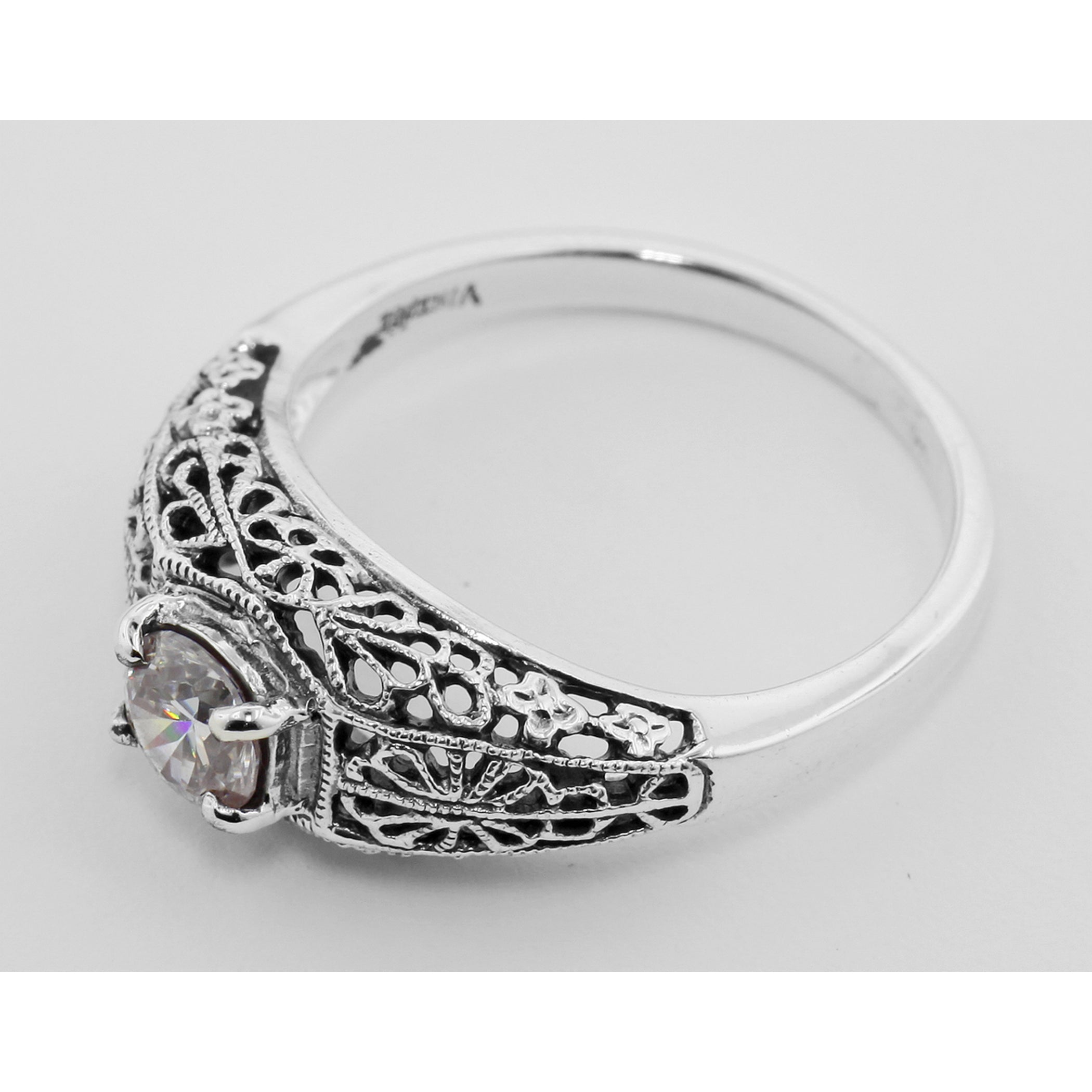 Back view of Beautiful White Topaz Solitare Filigree Ring showing 925 sterling silver hallmark