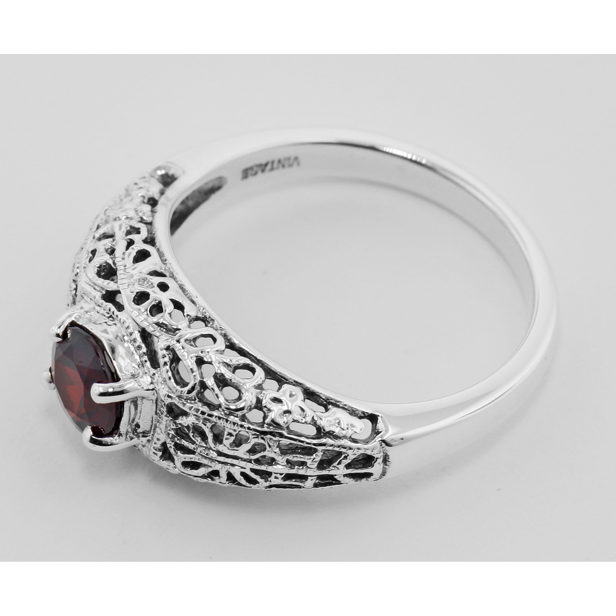 Back view of Victorian Style Red Garnet Filigree Ring showing 925 sterling silver hallmark