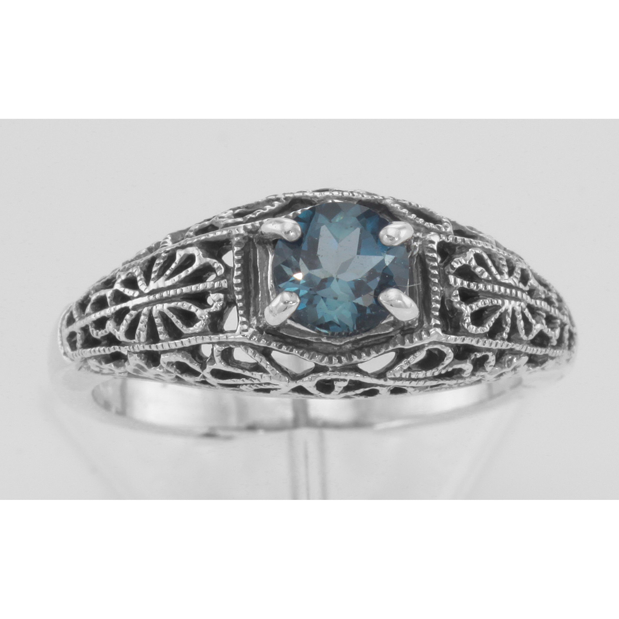 Detail view of London Blue Topaz Fine Filigree Ring - Art Deco Style highlighting Blue Topaz, London Blue Topaz