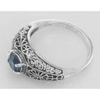 Back view of London Blue Topaz Fine Filigree Ring - Art Deco Style showing 925 sterling silver hallmark