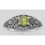 Detail view of Natural Peridot Fine Filigree Ring - Art Deco Style highlighting Peridot