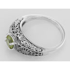 Back view of Natural Peridot Fine Filigree Ring - Art Deco Style showing 925 sterling silver hallmark