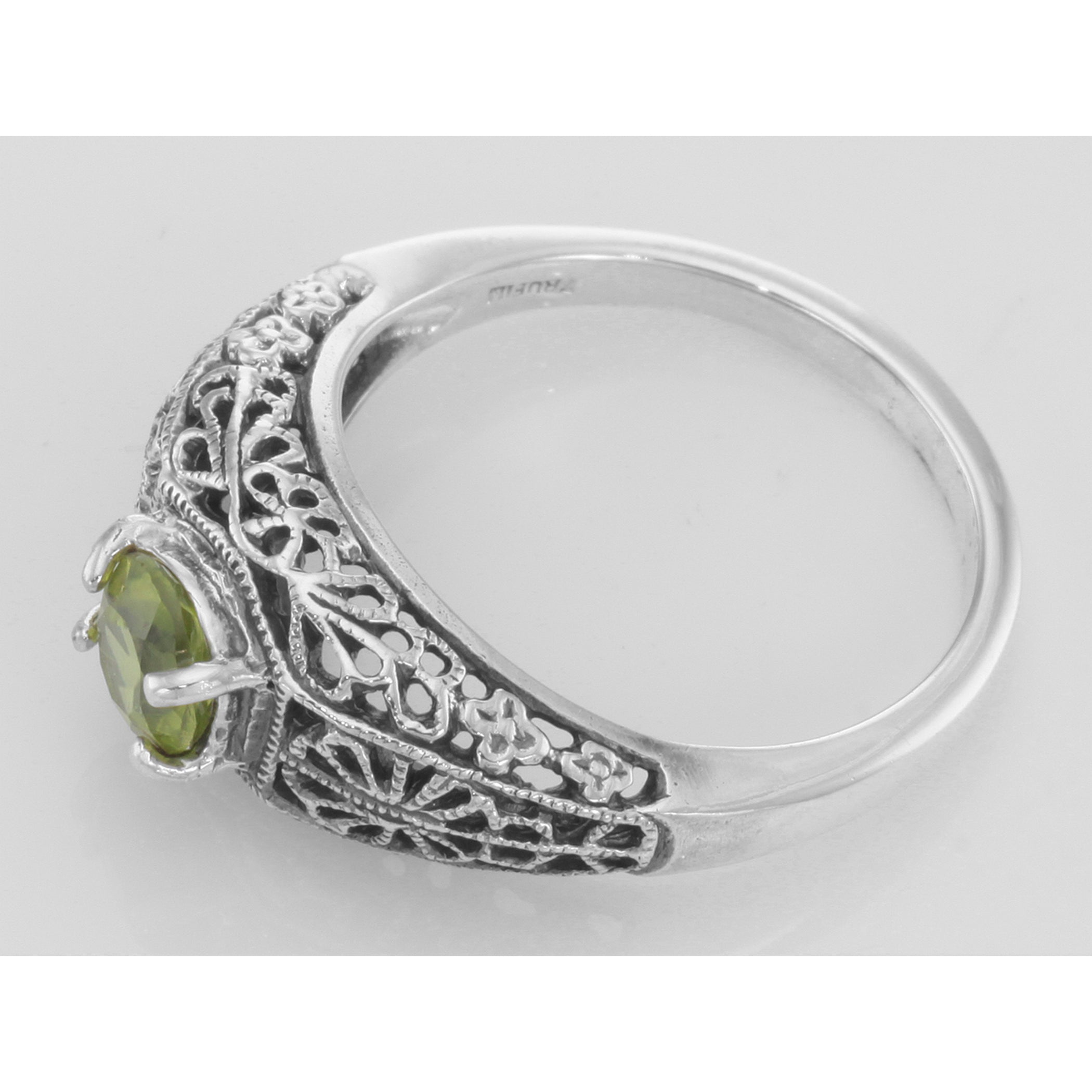 Back view of Natural Peridot Fine Filigree Ring - Art Deco Style showing 925 sterling silver hallmark
