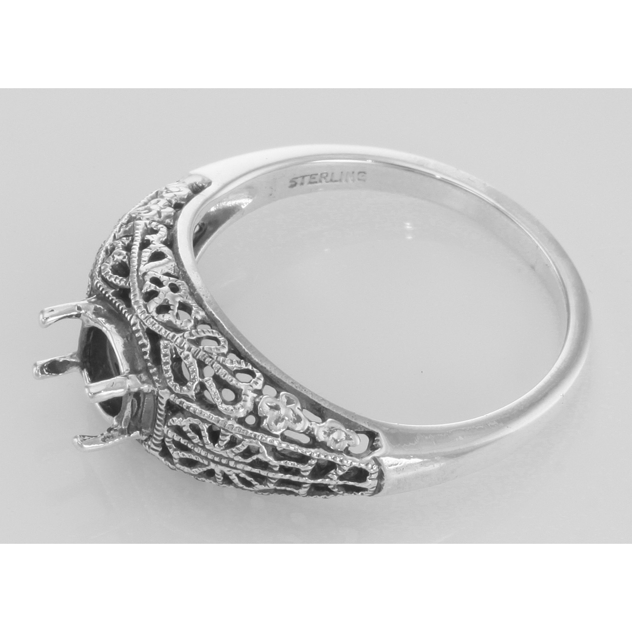Back view of Victorian Style 5mm Semi Mount Filigree Ring showing 925 sterling silver hallmark