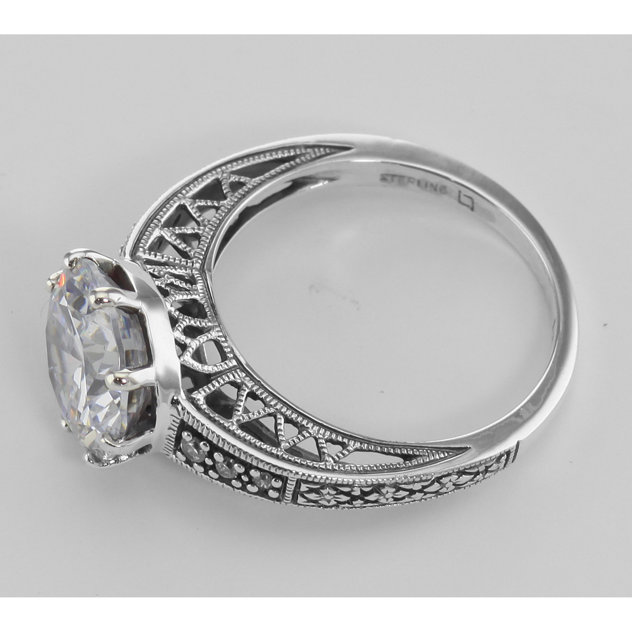 Back view of Victorian Style Cubic Zirconia Solitaire Filigree Ring showing 925 sterling silver hallmark