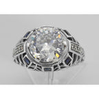 Detail view of Art Deco Style Sterling Silver Filigree CZ Ring w/ Sapphires highlighting Sapphire, CZ