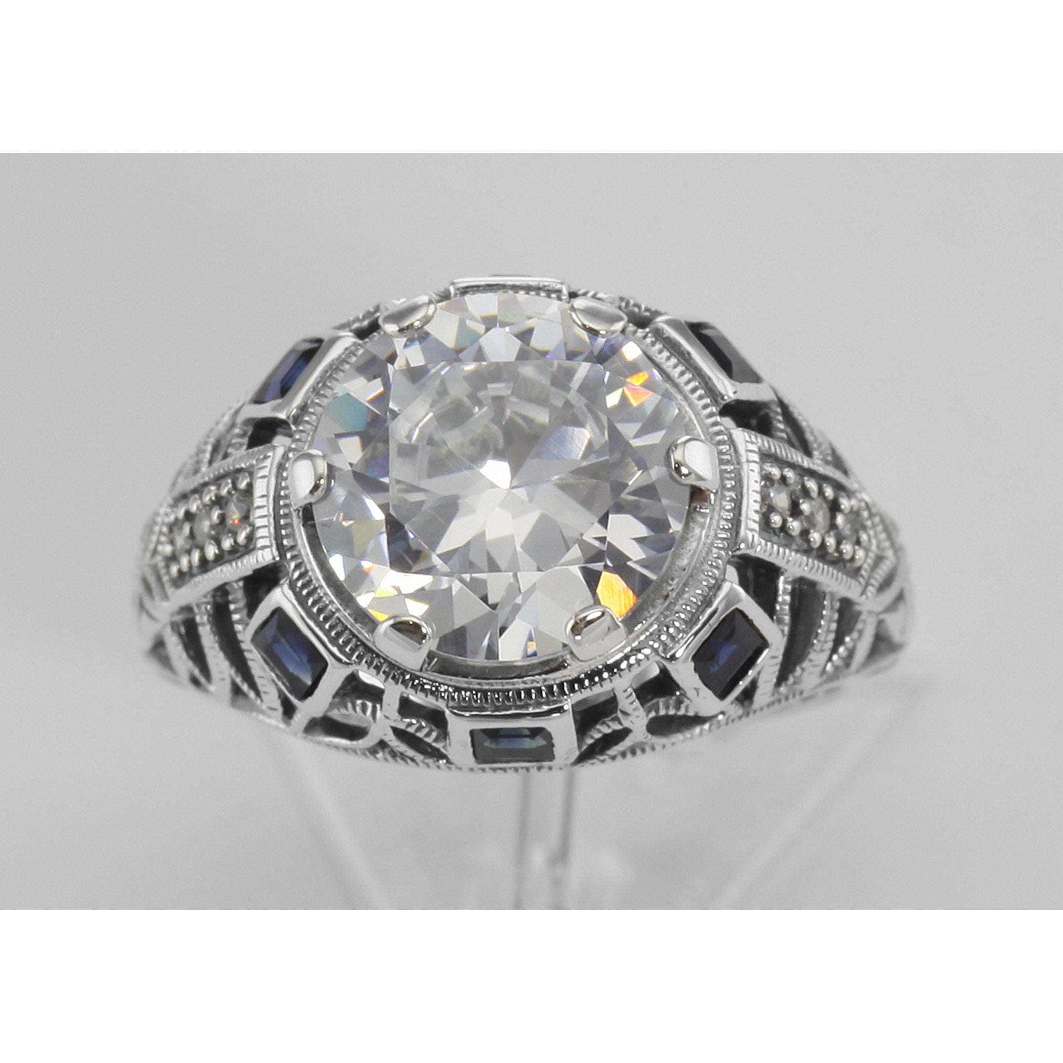 Detail view of Art Deco Style Sterling Silver Filigree CZ Ring w/ Sapphires highlighting Sapphire, CZ