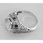 Back view of Art Deco Style Sterling Silver Filigree CZ Ring w/ Sapphires showing 925 sterling silver hallmark