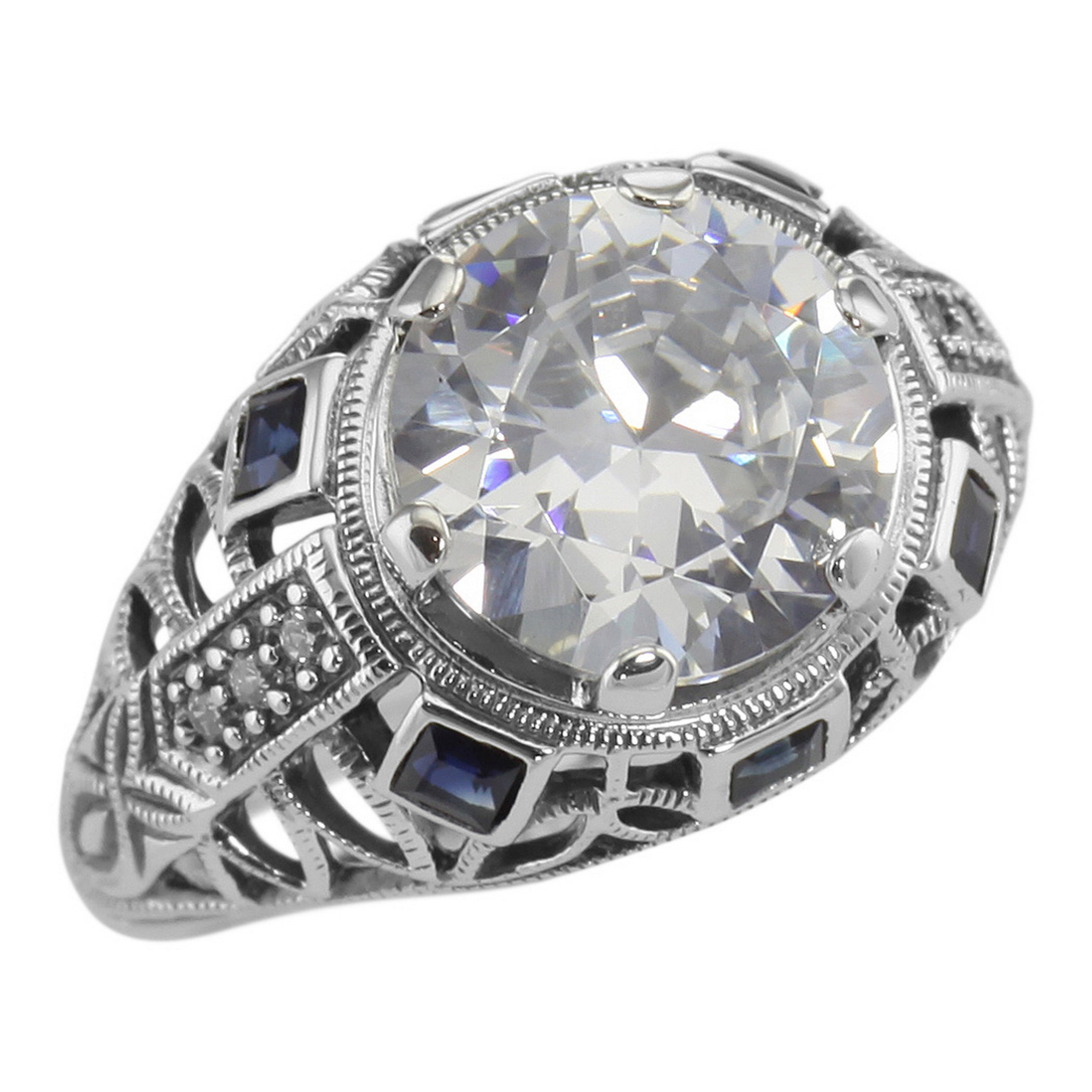 Art Deco style, Sapphire, CZ, sterling silver rings, front view