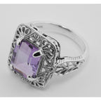Back view of Classic Art Deco Style Amethyst Filigree Ring showing 925 sterling silver hallmark