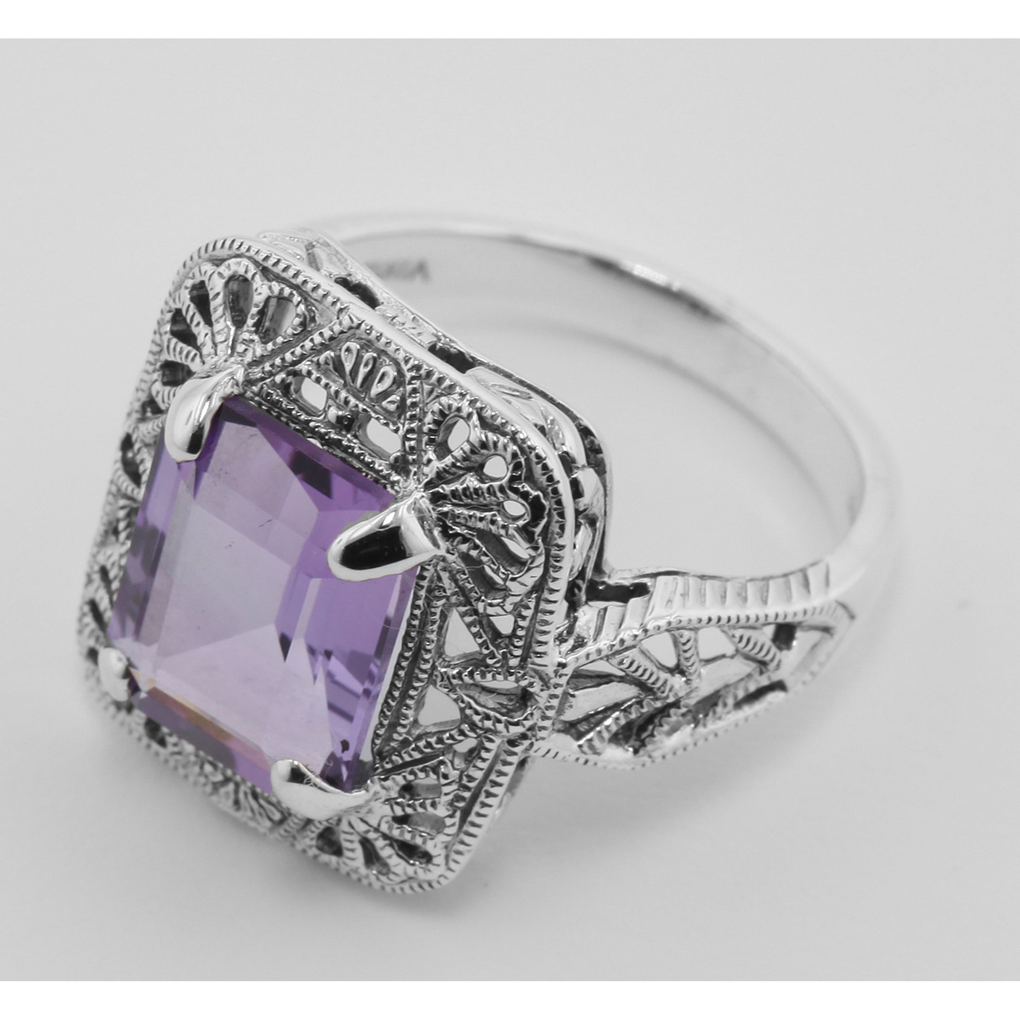 Back view of Classic Art Deco Style Amethyst Filigree Ring showing 925 sterling silver hallmark