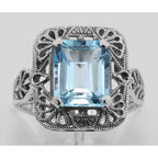 Detail view of Classic Art Deco Style Blue Topaz Filigree Ring highlighting Blue Topaz