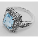 Back view of Classic Art Deco Style Blue Topaz Filigree Ring showing 925 sterling silver hallmark