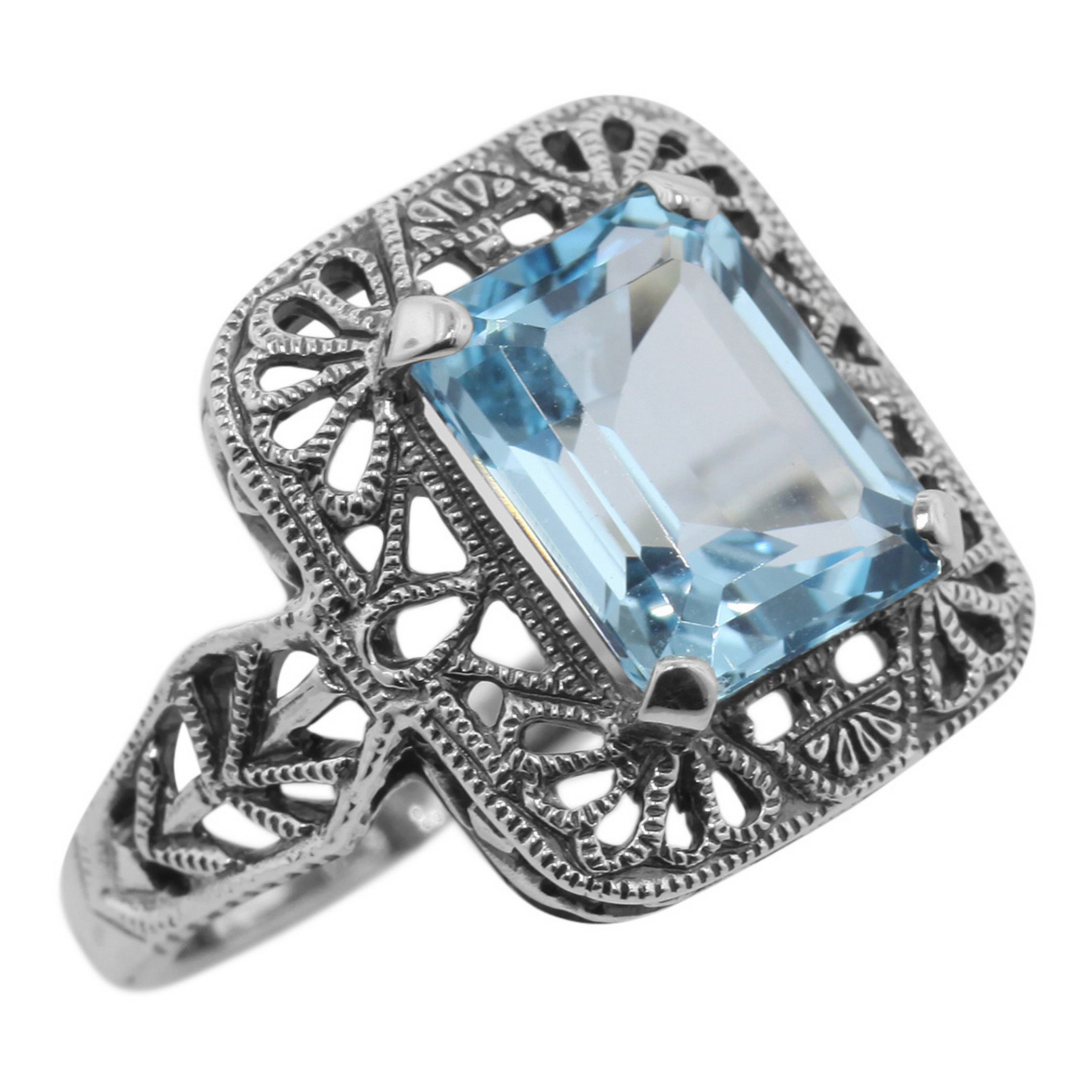 Art Deco style, Blue Topaz, sterling silver rings, front view