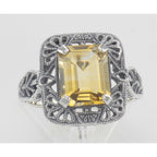 Detail view of Classic Art Deco Style Golden Citrine Filigree Ring highlighting Citrine