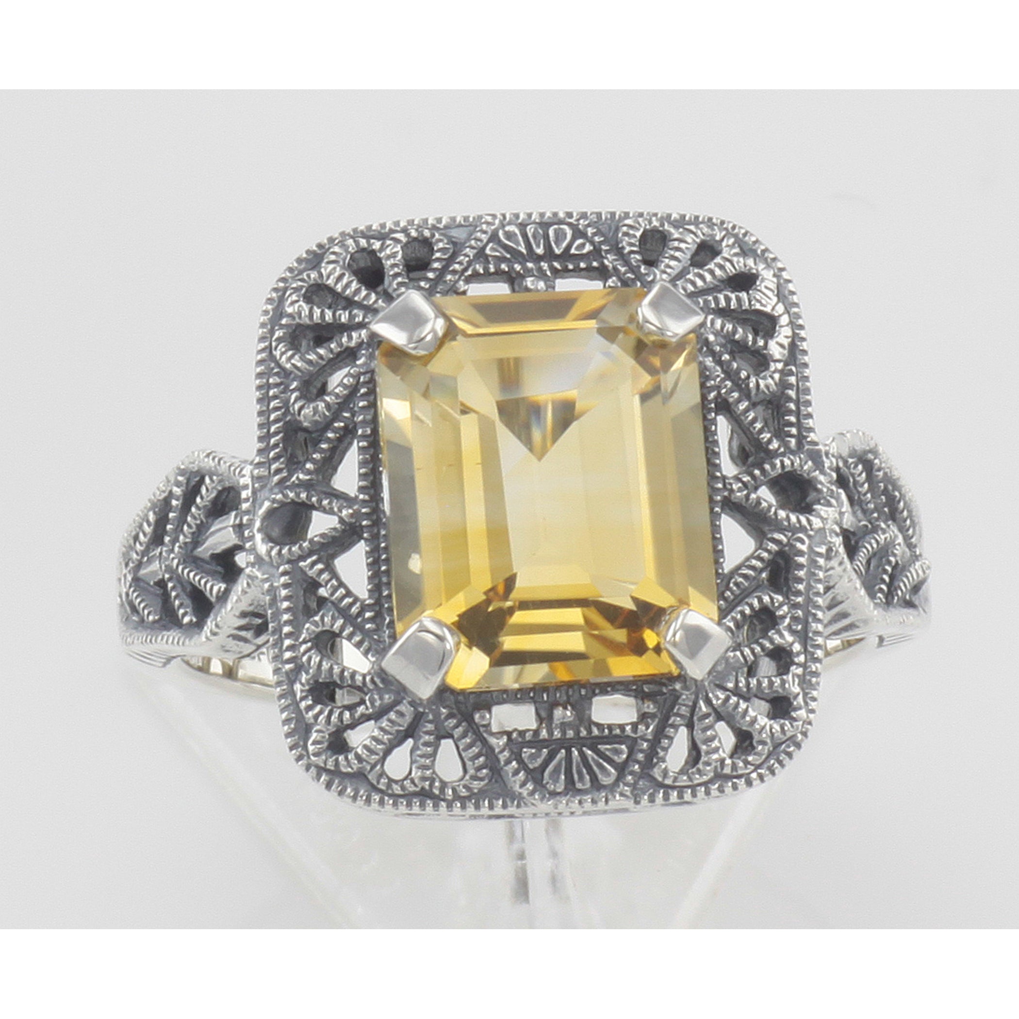 Detail view of Classic Art Deco Style Golden Citrine Filigree Ring highlighting Citrine