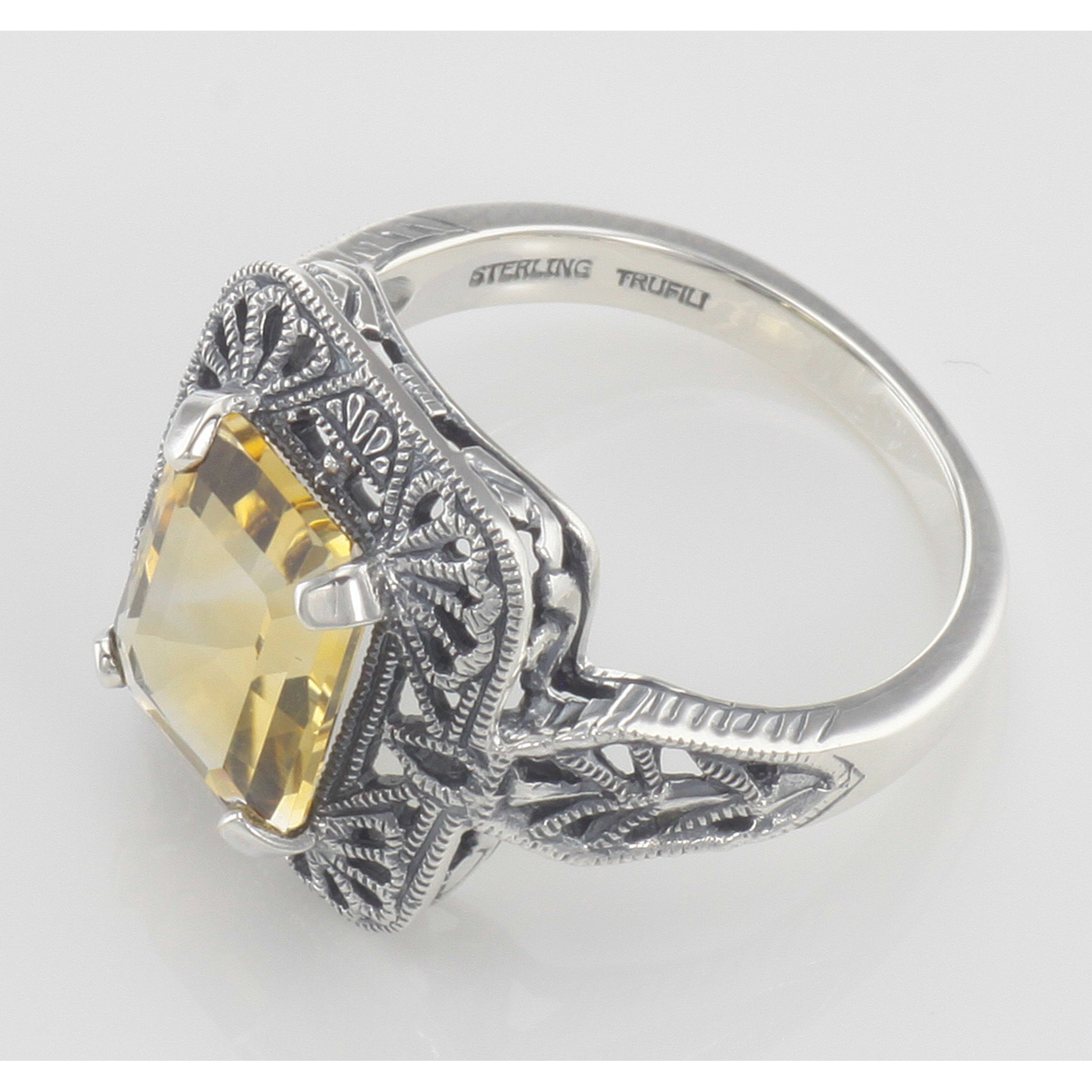 Back view of Classic Art Deco Style Golden Citrine Filigree Ring showing 925 sterling silver hallmark