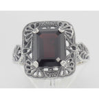 Detail view of Classic Art Deco Style Red Garnet Filigree Ring highlighting Garnet