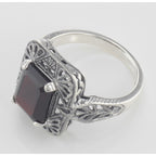 Back view of Classic Art Deco Style Red Garnet Filigree Ring showing 925 sterling silver hallmark