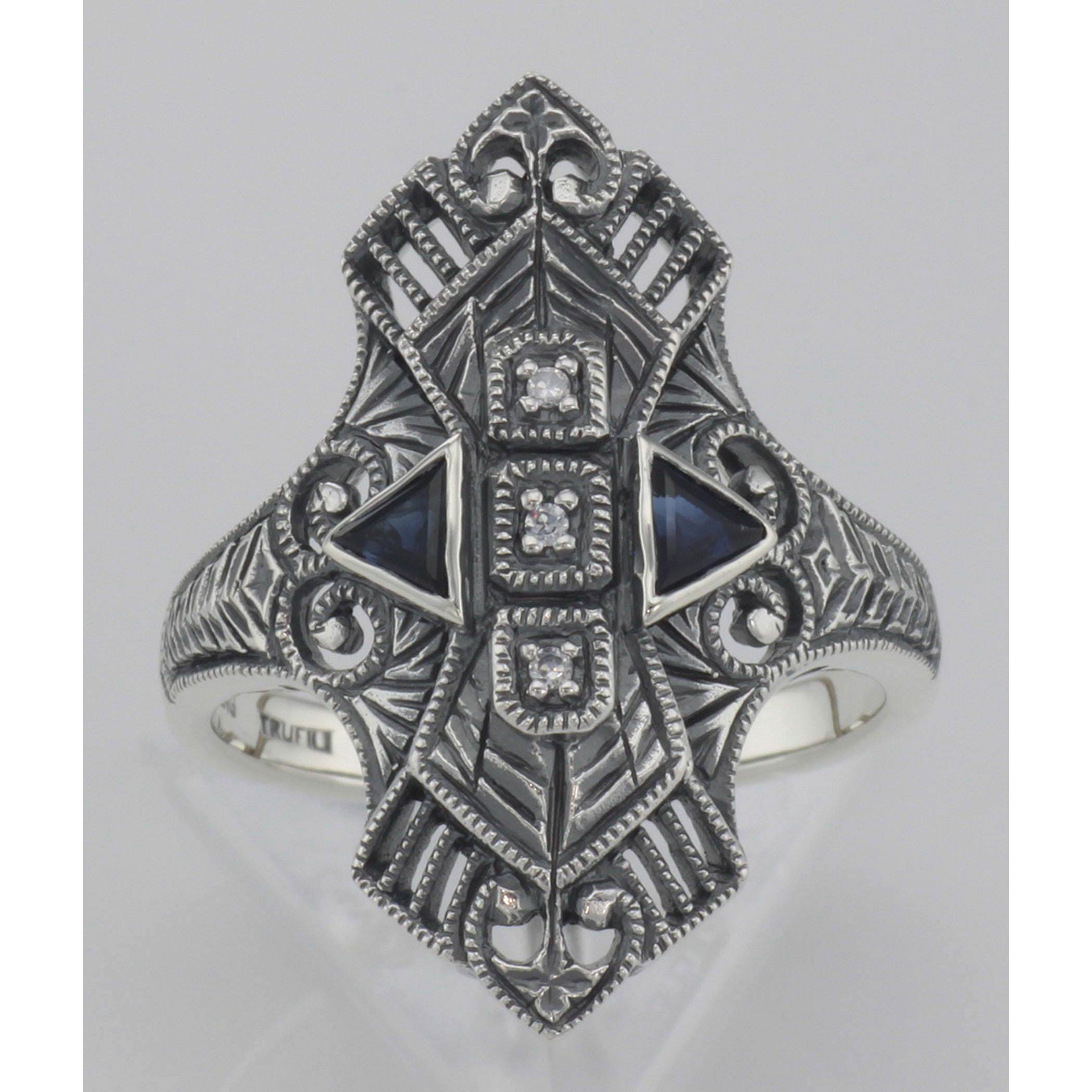 Detail view of Art Deco Style Filigree Ring w/ Sapphires w/ 3 White Topaz Sterling Silver highlighting White Topaz, Sapphire