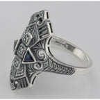 Back view of Art Deco Style Filigree Ring w/ Sapphires / 3 CZ's showing 925 sterling silver hallmark