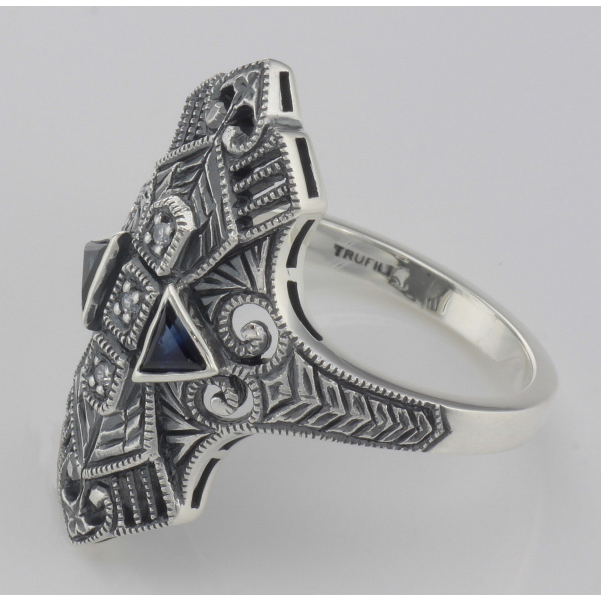 Back view of Art Deco Style Filigree Ring w/ Sapphires / 3 CZ's showing 925 sterling silver hallmark