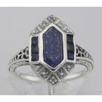 Detail view of Art Deco Style Lapis Sapphire and Diamond Filigree Ring highlighting Sapphire, Diamond