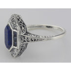 Back view of Art Deco Style Lapis Sapphire and Diamond Filigree Ring showing 925 sterling silver hallmark