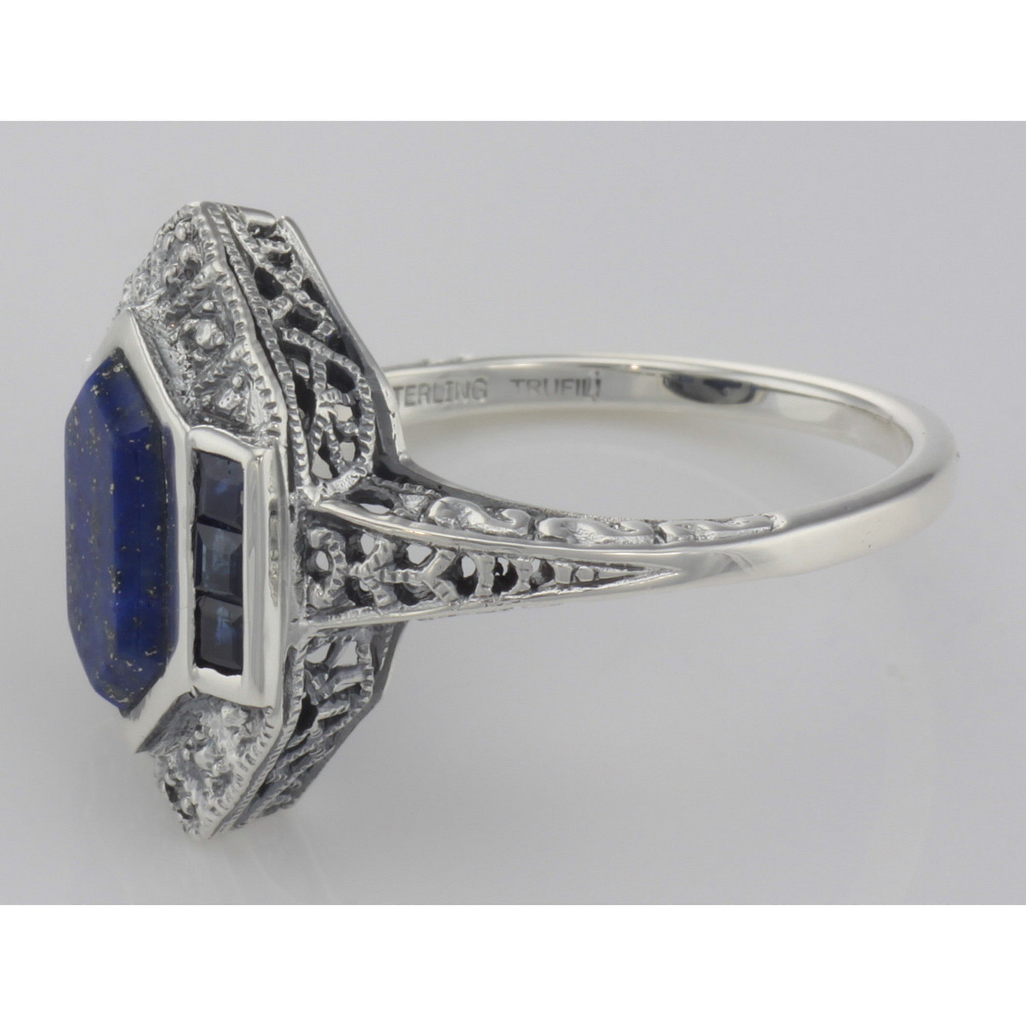 Back view of Art Deco Style Lapis Sapphire and Diamond Filigree Ring showing 925 sterling silver hallmark