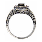 Detail view of Art Deco Style Black Onyx - Ruby and Diamond Filigree Ring Sterling Silver highlighting Ruby, Diamond
