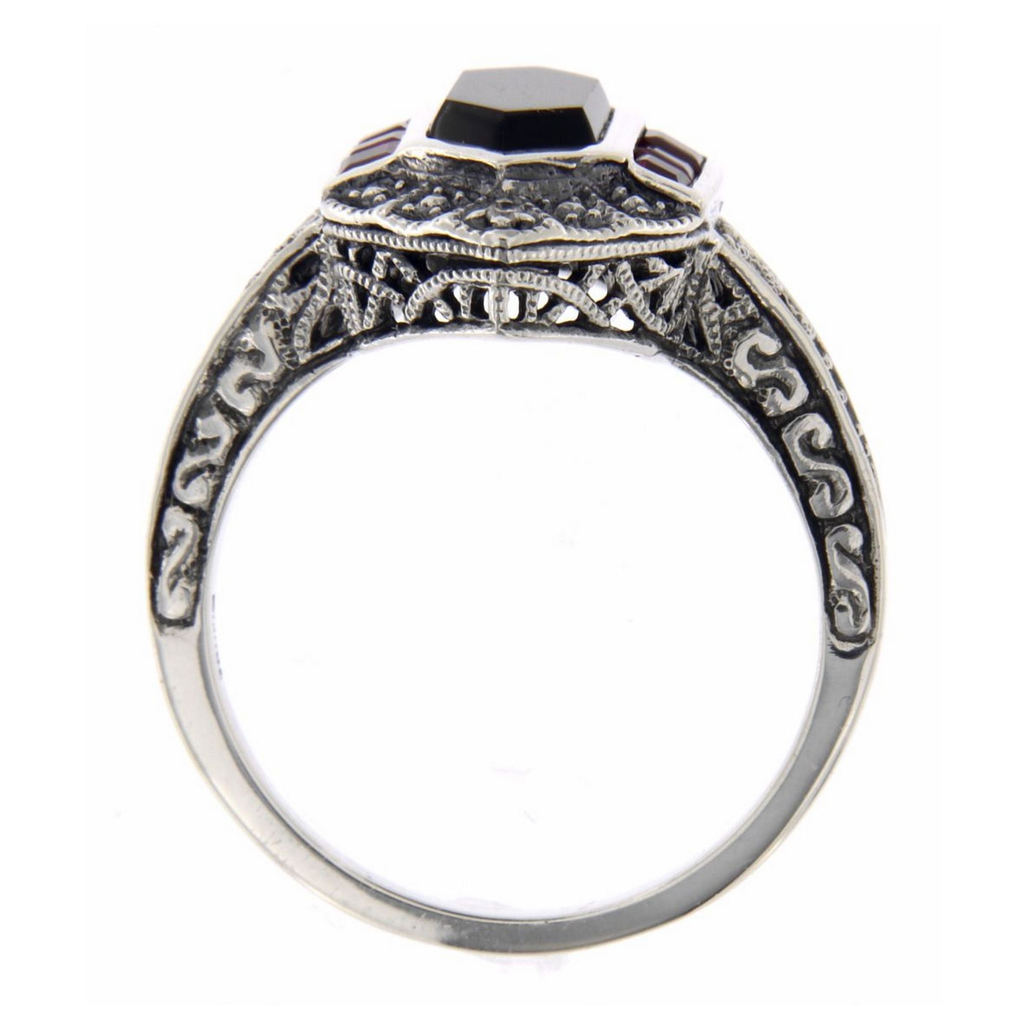 Detail view of Art Deco Style Black Onyx - Ruby and Diamond Filigree Ring Sterling Silver highlighting Ruby, Diamond